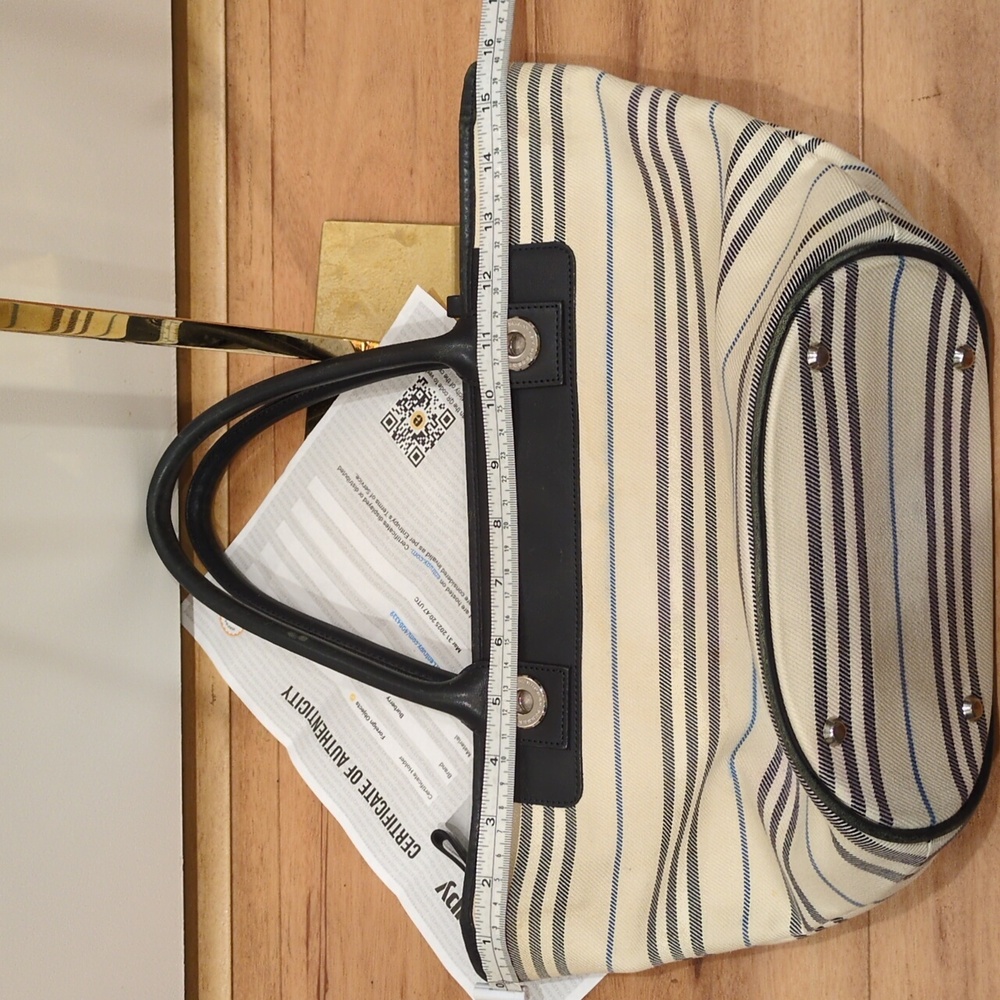 Burberry Canvas Striped Black Leather Trim Tote Purse Bag With COA Callouts - Picture 16 of 17